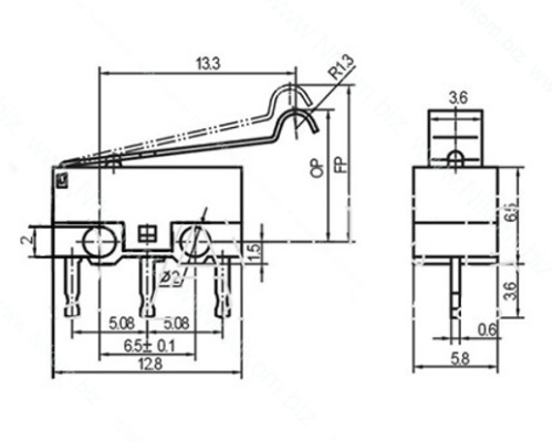Мікроперемикач Whicepart KW10-Z3P (SPDT,  125Vdc 1A) (13x6x6.7 мм, клеми 0.9x3.6 мм), важіль 16.5 мм загнутий