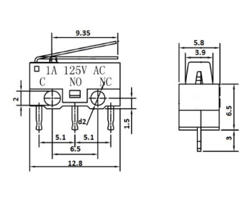 Мікроперемикач Whicepart KW10-Z1P (SPDT,  125Vdc 1A) (13x6x6.7 мм, клеми 0.9x3.6 мм), важіль 10 мм