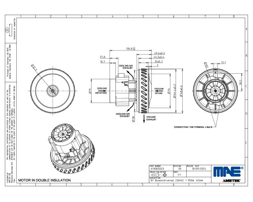 Двигун (мотор) Ametek 6110820023 (950W, H=139 мм, d=144 мм) для миючого пилососа, універсальний - 11ME39