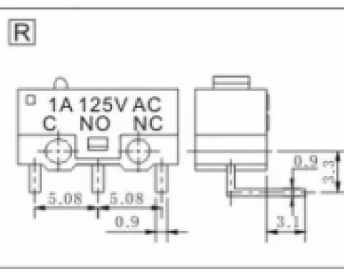 Мікроперемикач Whicepart KW10-Z0PR (SPDT,  125Vdc 1A) (13x6x6.7 мм, бічні клеми 0.9x3.1 мм), без важеля