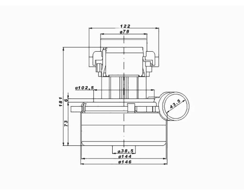 Двигатель LPA HWX-CG24 (H=181 мм, d=144 мм, 1200W), для моющего пылесоса, двухстадийный, с патрубком